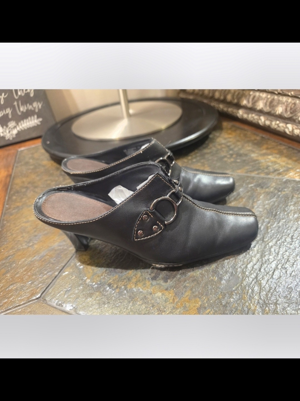 Y2K Aerosoles • 'Cinch Worm' Black Leather Slip-On Mules. Sz 8M